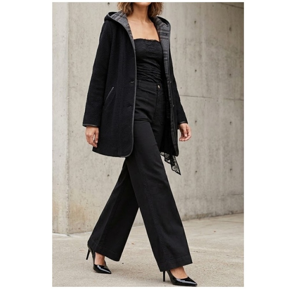 Alia Women's Black Button Front Plaid Lining Hooded Wool Blend Coat Size 12